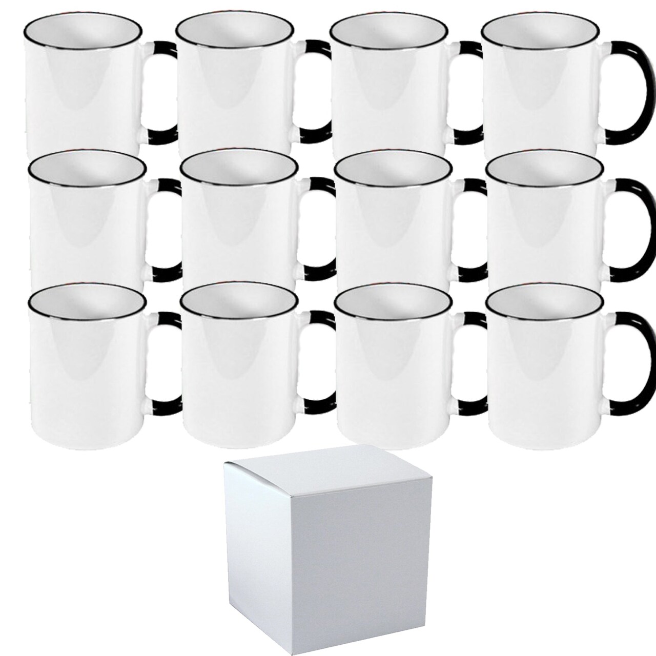 12 Pcs 11OZ Black Rim & Handle Sublimation Mugs With Individual White Boxes
